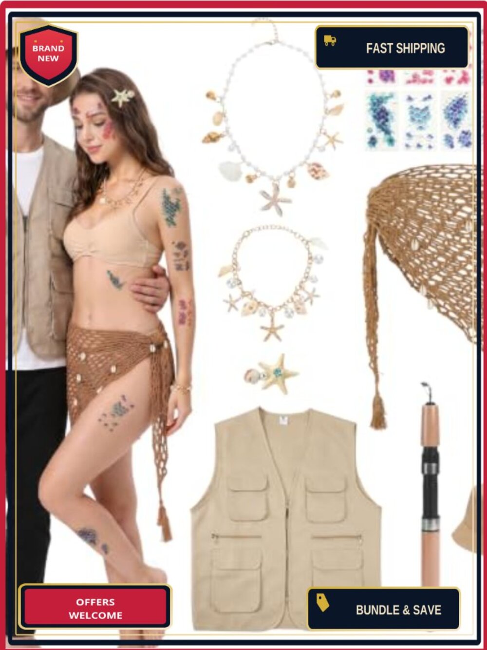 Fisherman Mermaid Couples Halloween Costume Set Adult Cosplay Party